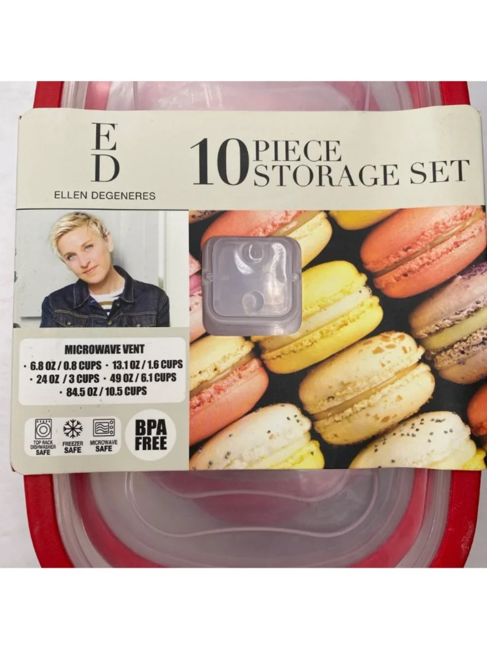 Ellen DeGeneres 10-Piece BPA-Free Food Storage Set Microwave Vent Red Lids